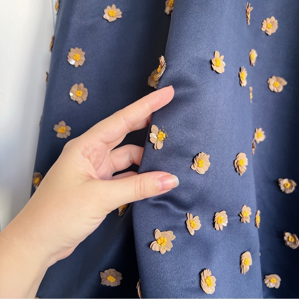 Dhruv Kapoor • Anthropologie Calysta Dress navy blue satin midi sequin floral - Picture 8 of 13